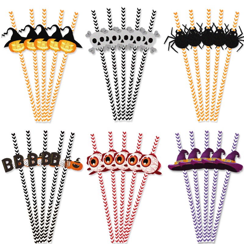 9pcs/set Halloween Party Decoration Straw Toppers, Skull & Bat Design