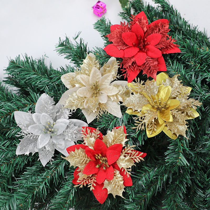 Artificial Red Poinsettia Flower Picks for Christmas Tree Wreaths