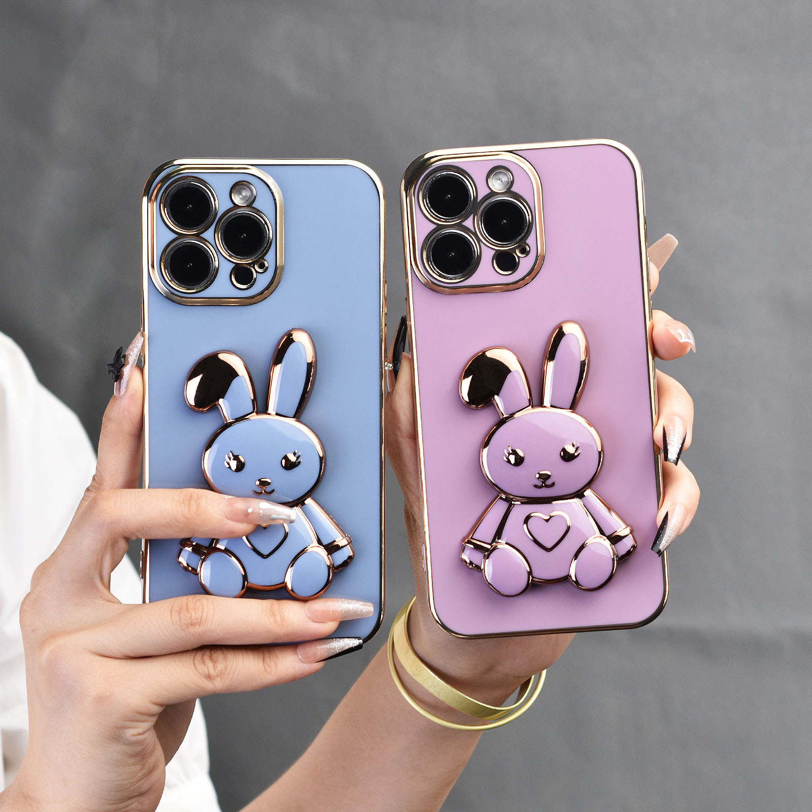 1pc Black Anti-fall Phone Case With Rabbit Stand And Electroplated