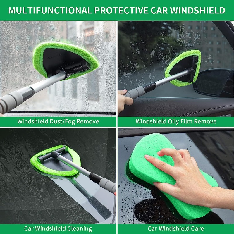 Windshield Cleaning Tool, Car Window Cleaner with Extendable Long Handle  and 4 Washable Reusable Microfiber Pads, Auto Interior Exterior Glass Wiper
