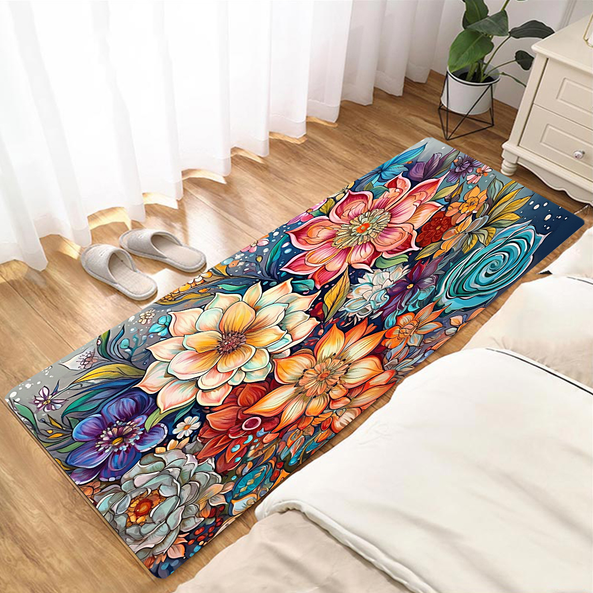 Bohemian Watercolor Floral Kitchen Strip Mat With Anti Slip Soft