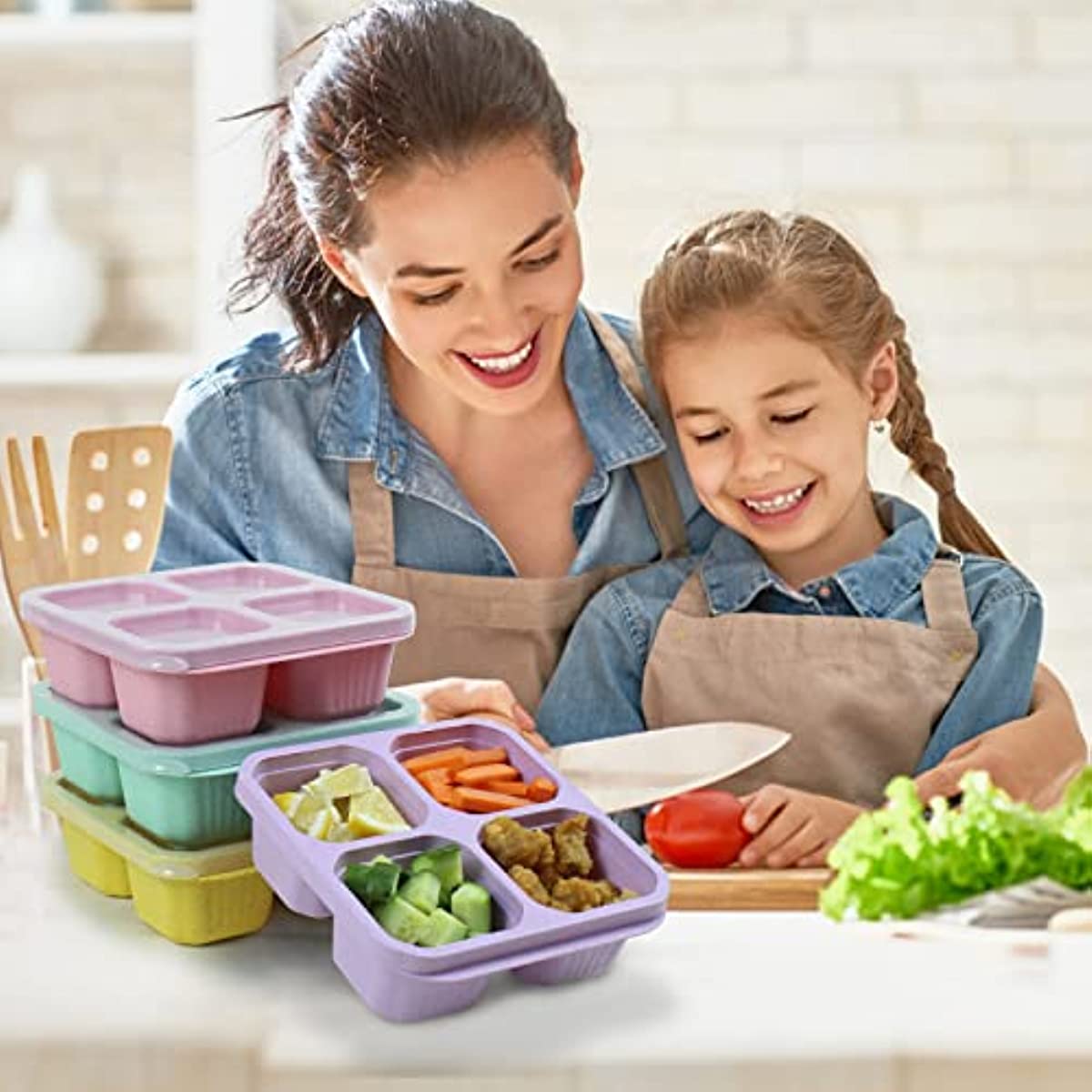 4 Packs Meal Prep Lunch Containers with 4 Compartments, Reusable Bento Box  for Kids/Toddler/Adults
