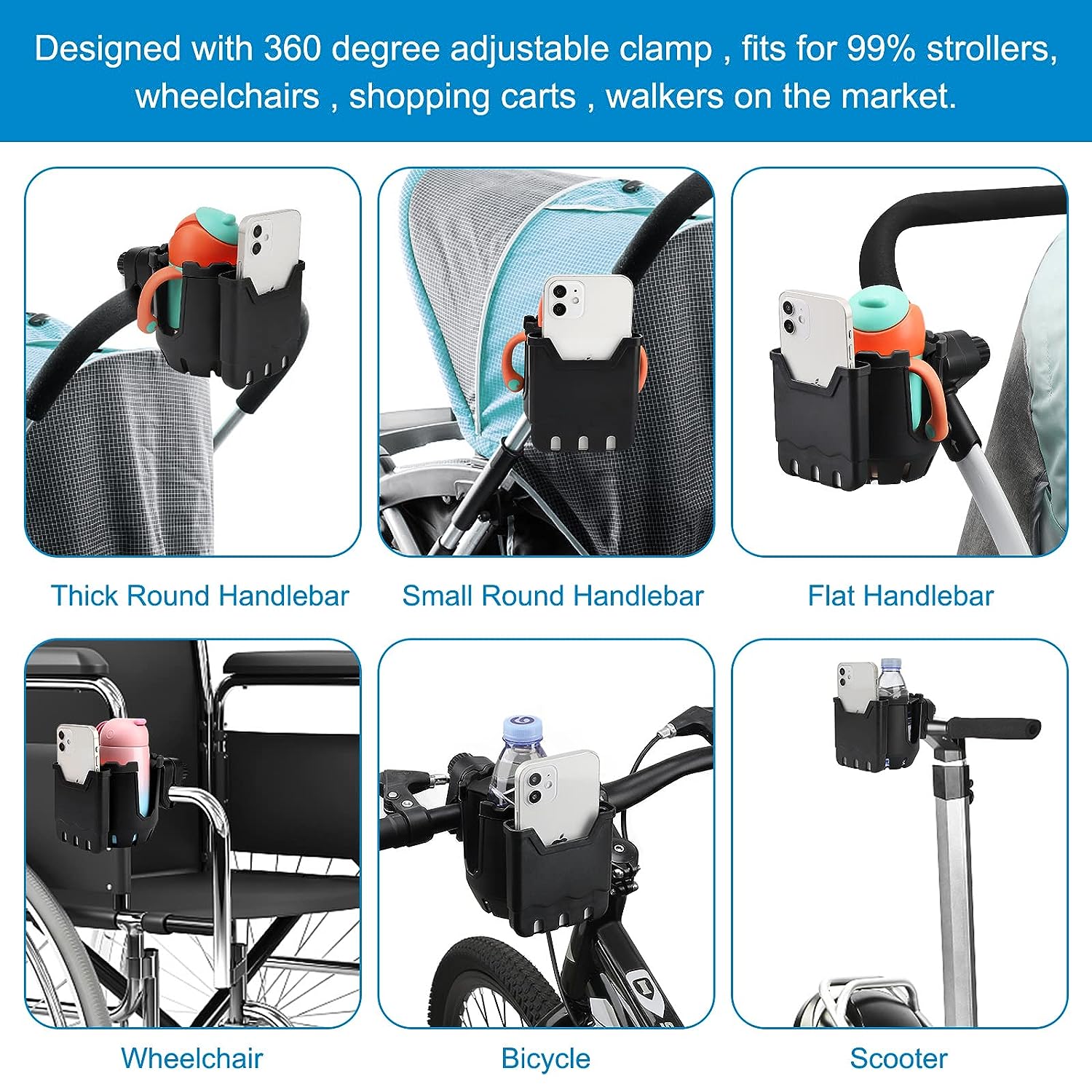 2-in-1 Kinderwagen-Getränkehalter mit Handyhalter, universeller  Getränkehalter für Kinderwagen, Fahrrad, Rollstuhl, Gehhilfe, Roller,  Schwarz