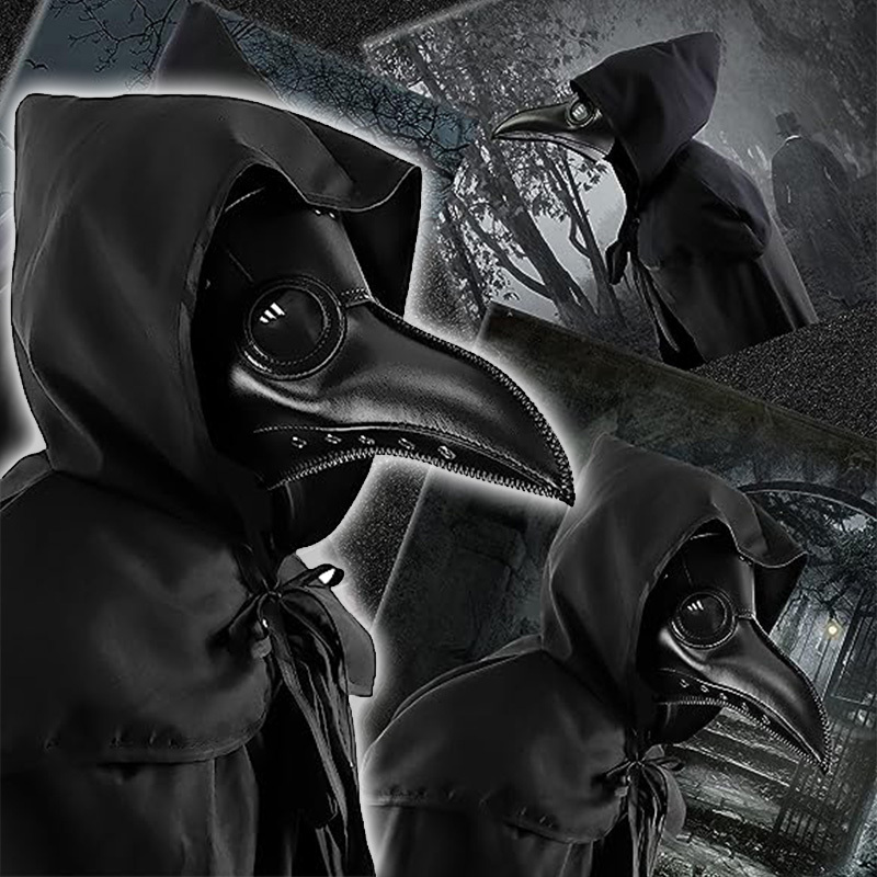 Plague Doctor with Steampunk Mask & Top Hat Full Costume Set - Black Silver