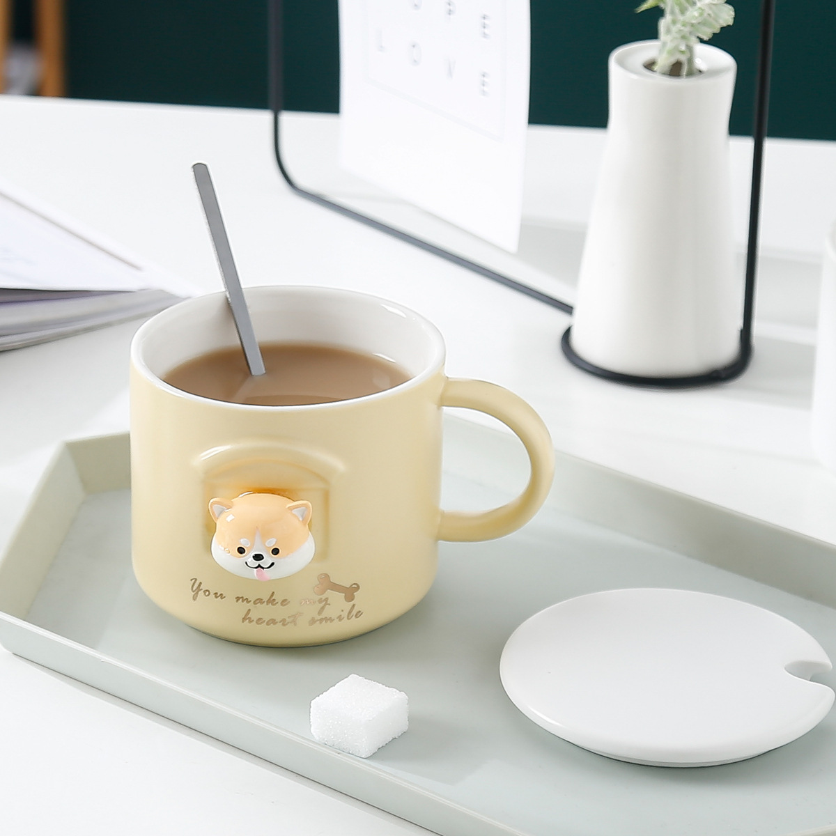 Cute Shiba Coffee Mug With Lid And Spoon Ceramic Coffee Cups - Temu