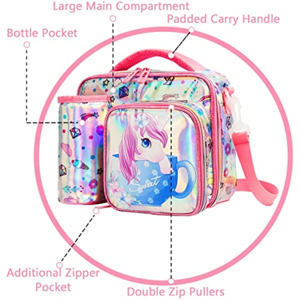 Purple & Pink Unicorn Lunch Bag With Bottle Holder, 3 Compartments