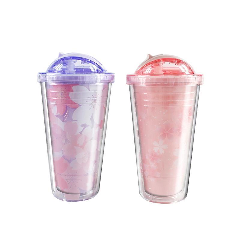 16.23oz Ins Double Layer Tumbler Water Drinking Cup With Straw Bottle Cute  Colourful Reusable Plastic Gift Present Hadiah