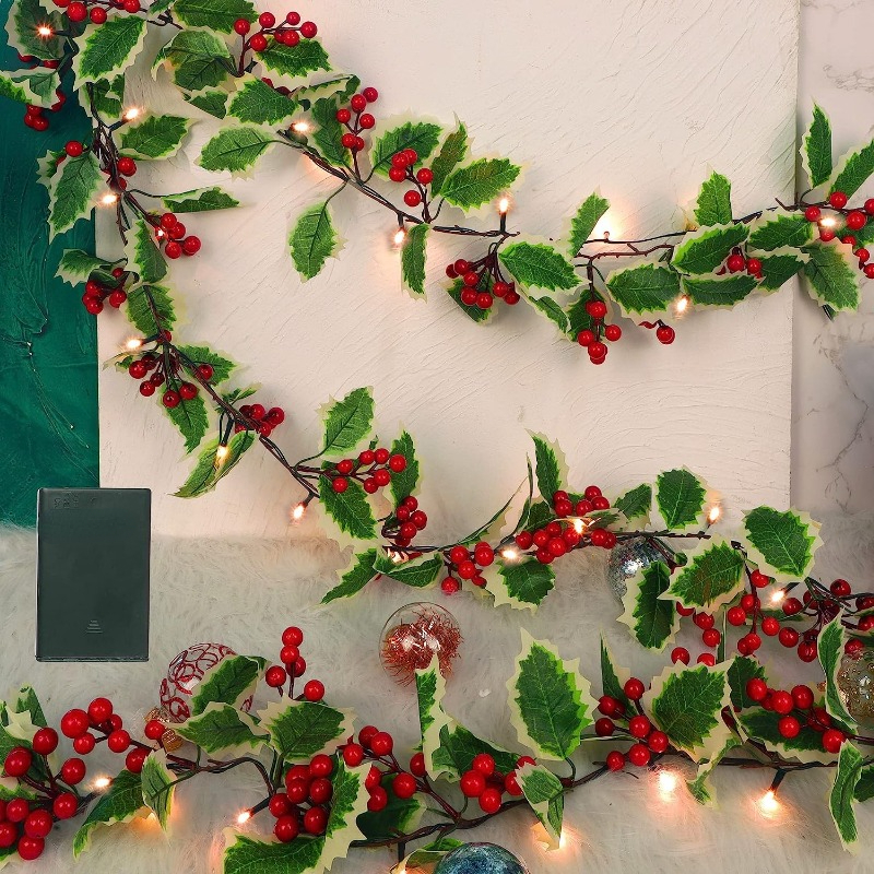 Guirlande lumineuse de Noël poinsettia éclairée de 3 m avec baies rouges et  feuilles de houx, guirlande de poinsettia artificielle en velours