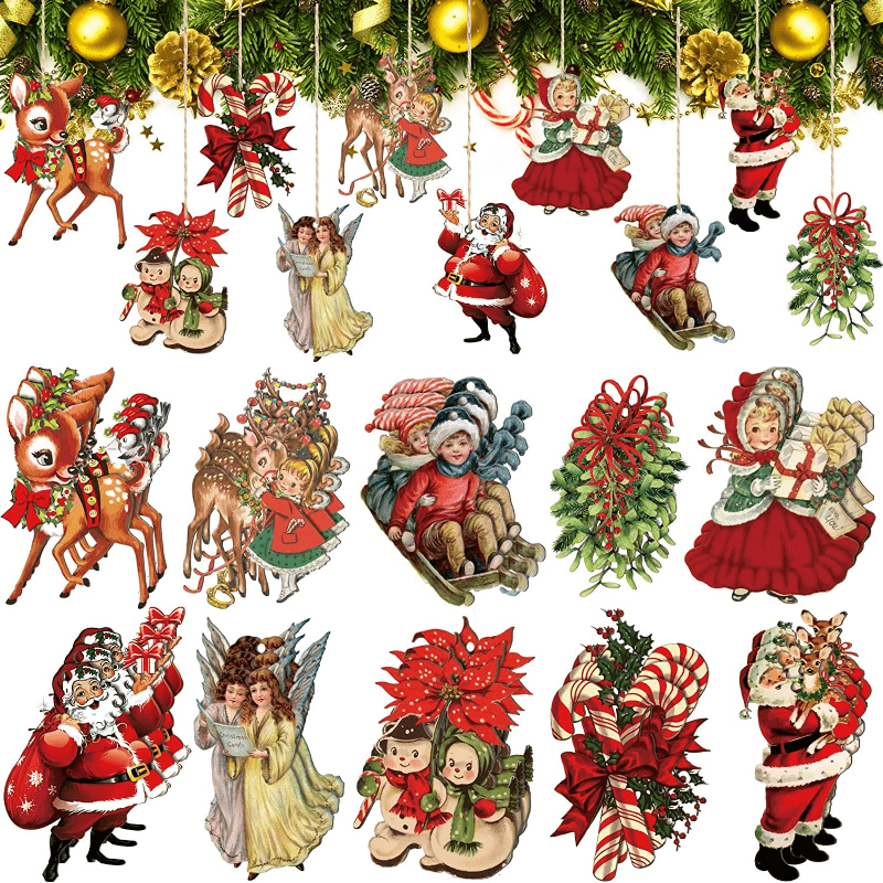 

20pcs Wooden Christmas Retro Style Cute Deer And Girl Christmas Wreaths And Gifts Theme Party Gathering Holiday Tree Hanging Celebration Home Decorations