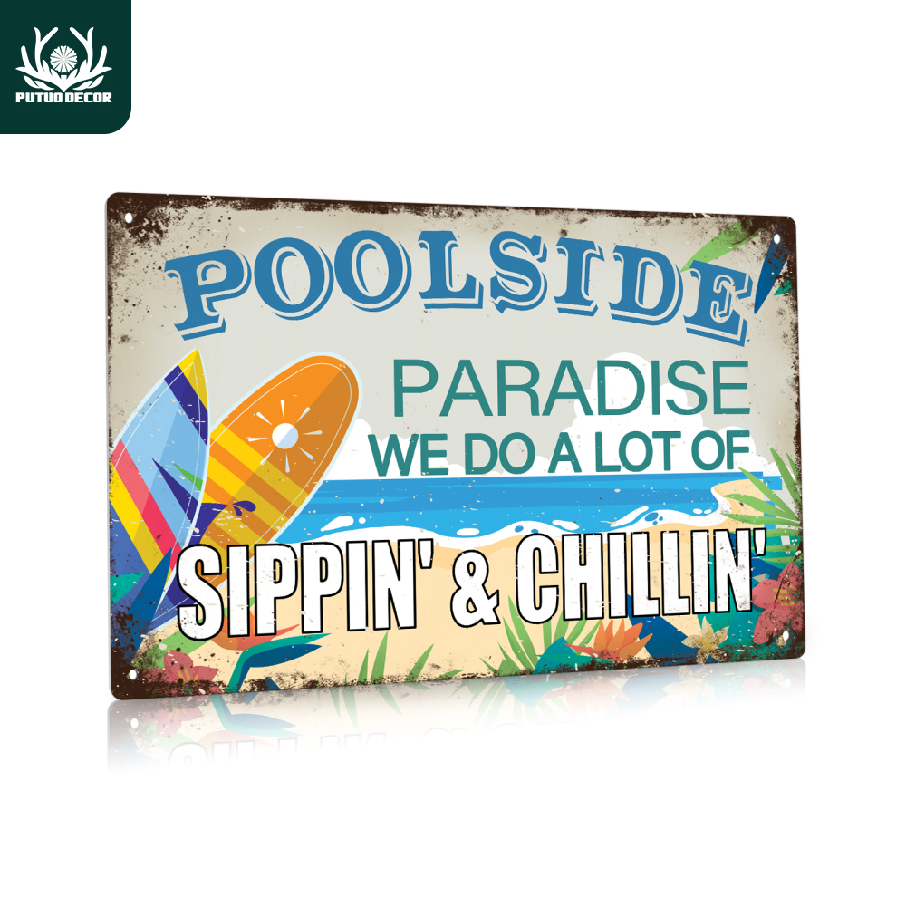 

1pc, Pool Side Vintage Metal Tin Sign, Paradise We Do A Lot Of Sippin' & Chillin', Wall Art Decor For Home Swimming Pool Beach, 7.8 X 11.8 Inches
