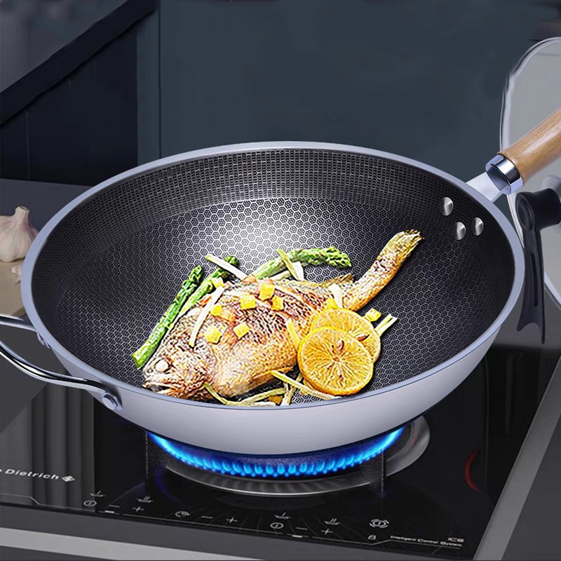 Pan Wok Frying Skillet Honeycomb Cooking Nonstick Induction Flat Stir  Kitchen Fry Stainless Stove Steel Bottom