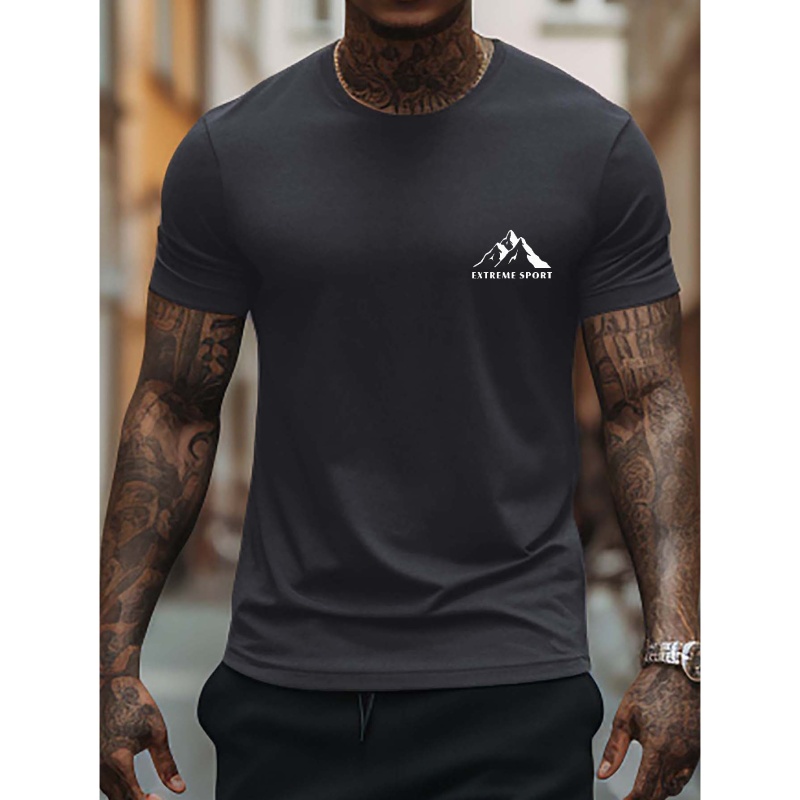 

Mountain & Letter Pattern Print Men's Comfy Chic T-shirt, Graphic Tee Men's Summer Outdoor Clothes, Men's Clothing, Tops For Men, Gift For Men