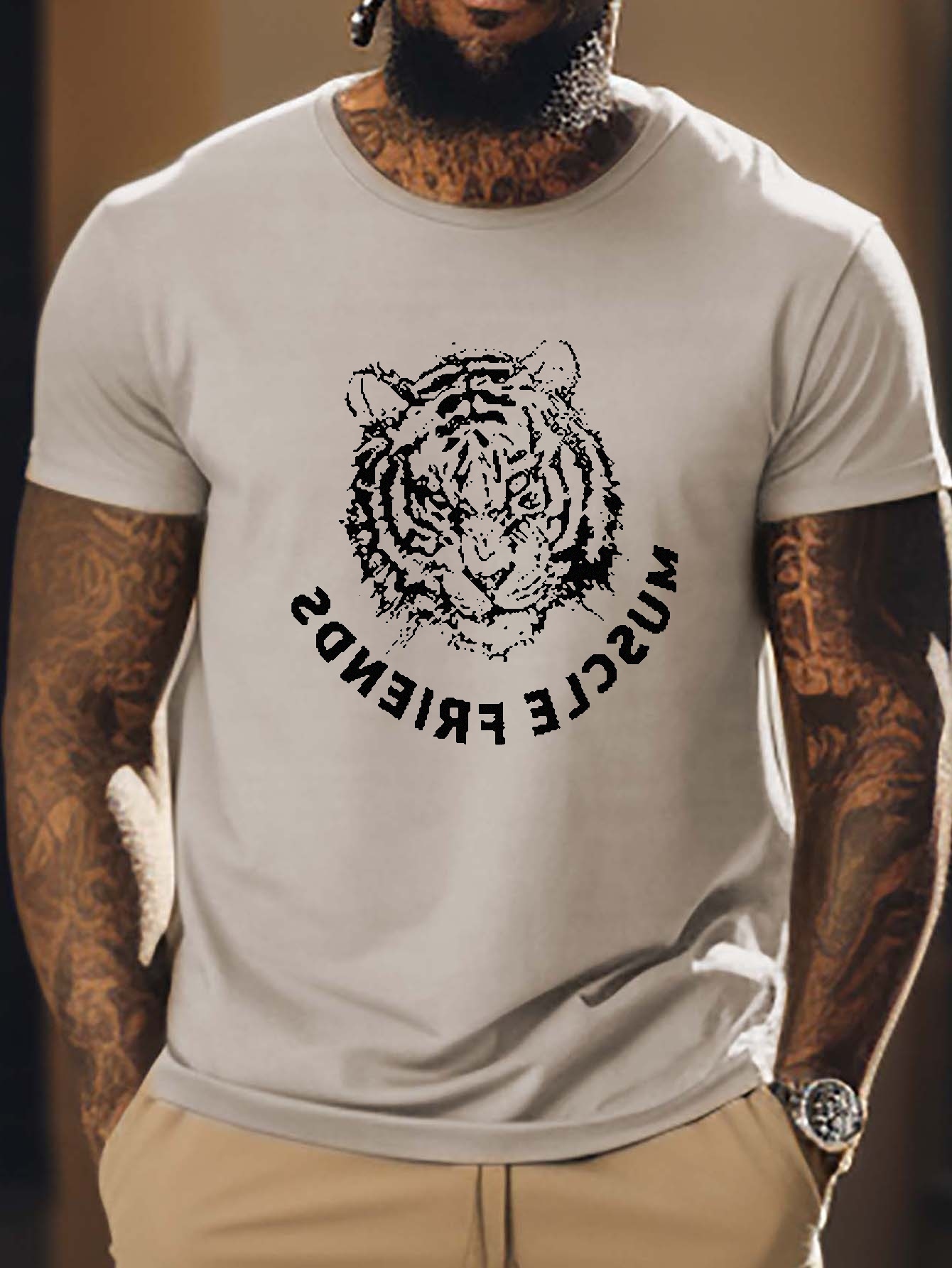 100% Cotton Boho Khaki Tiger Head Graphic Tees Women Short Sleeve