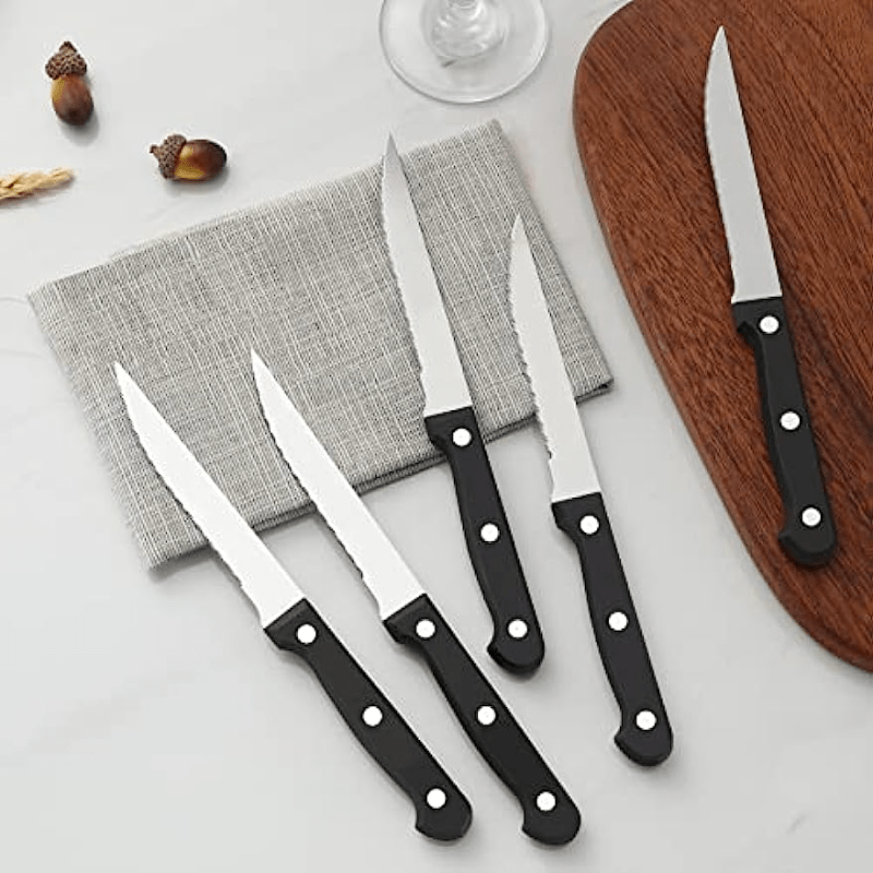 6 Pcs Steak Knives Set Cutlery Set Full Tang Stainless Steel Sharp Serrated Dinner Knives Set Dishwasher Safe for Meat Bread, Size: 4.5, Black|Silver