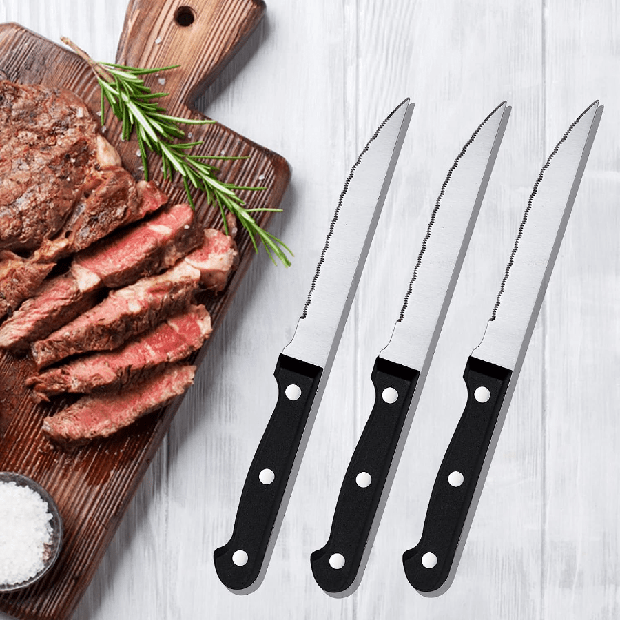 Jaswehome Simple Steak Knife Stainless Steel Meat Knife Serrated  Triple-Rivet Ergonomic Black Handle Tableware Steak Knives Set