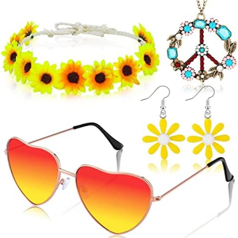 ZeroShop Disfraz hippie para mujer, trajes de los años 70, accesorios de  ropa hippy, pantalones de los años 60, gafas, diadema de corona de flores