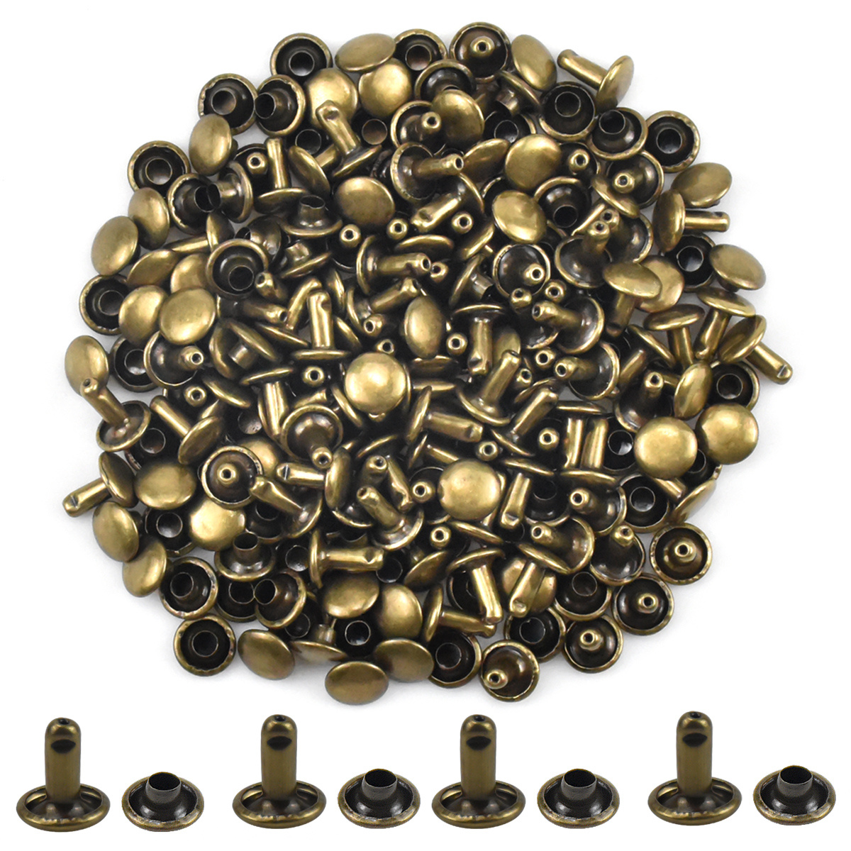 Brass Double Cap Tubular Rivets With 3 Part Hand Tool Set for