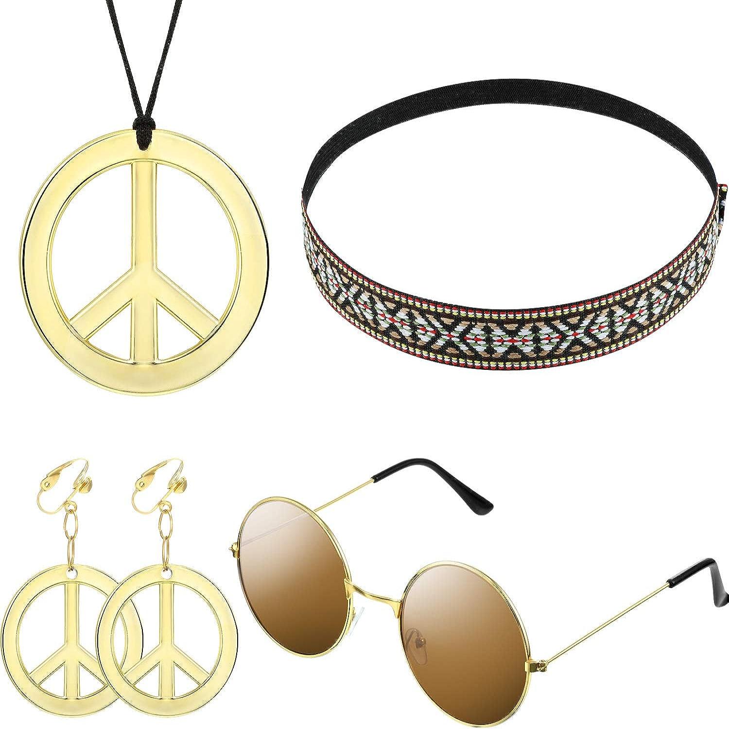 Tudomro 10 Pcs Hippie Costume Accessories Set Includes Hippie Sunglasses  Bracelet Peace Sign Earrings and Necklace Flower Headband Tie Dye Bandana
