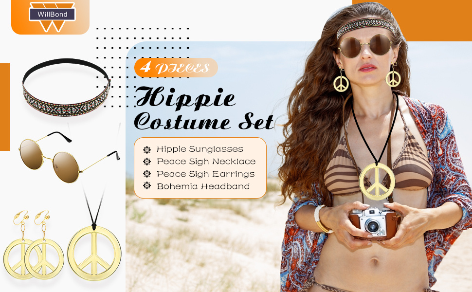 Women's Hippie Clothing Set Includes Sunglasses, Peace Sign Necklace And  Peace Sign Earrings, Bohemian Headband Suitable For 60s And 70s Party  Accessories, Synthetic Leather, Stage Performance Props, Events Cosplay  Props, Party Supplies 