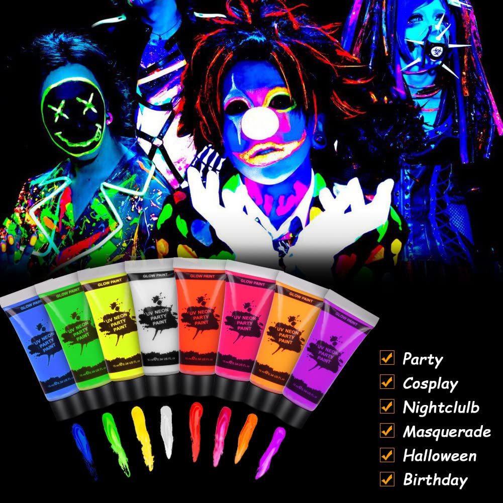 UV Face Body Paint Set 8 x 10ml Glow in The Dark Party Blacklight Neon  Painting