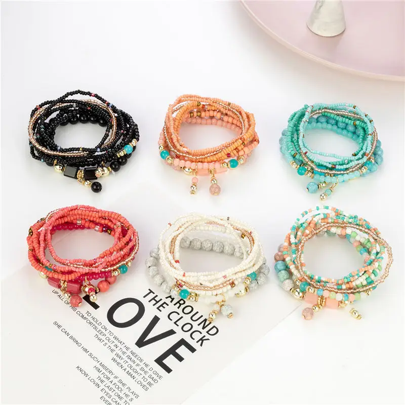 8 piezas, Pulsera De Cuentas Hecha A Mano Con Encanto Turquesa Bohemia, Conjunto De Pulseras De Varias Capas Para Chicas Para Decoración De Verano 2