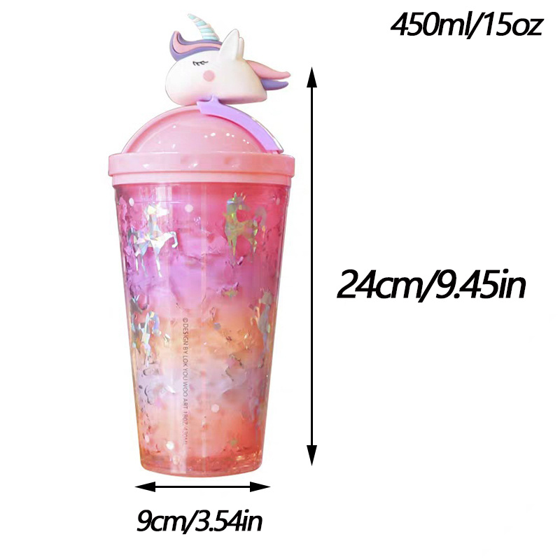 Unicorn Ice Cup With Straw Kawaii Pink Double Layer Clear Water