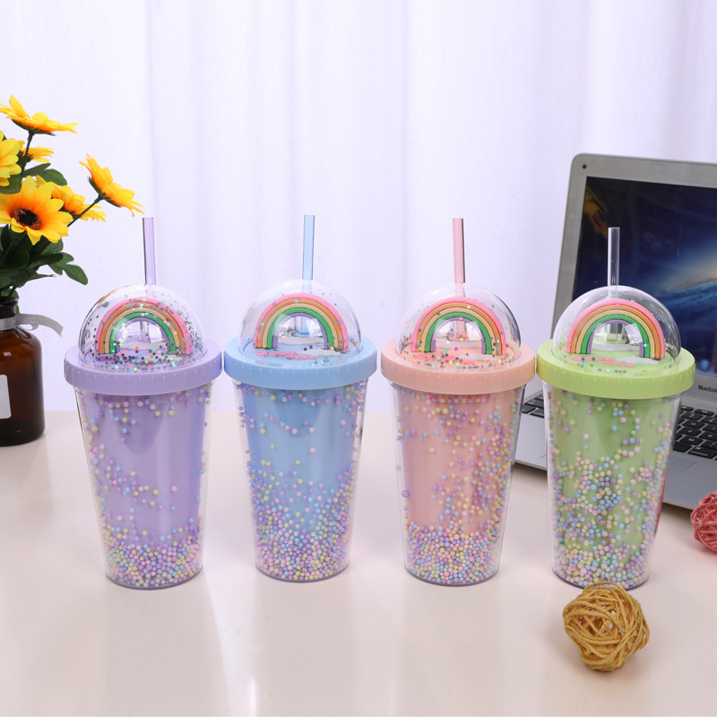 Large Capacity Rainbow Plastic Water Cup With Double layer - Temu
