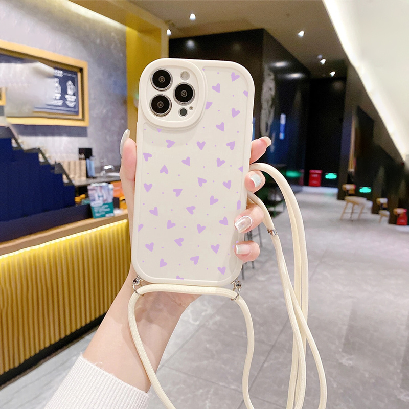

1pc Phone Case With Purple Hearts Pattern Graphic With Lanyard Shockproof Compatible Bumper Phone Cases For Iphone 11 14 13 12 Pro Max Xr Xs 7 8 Plus