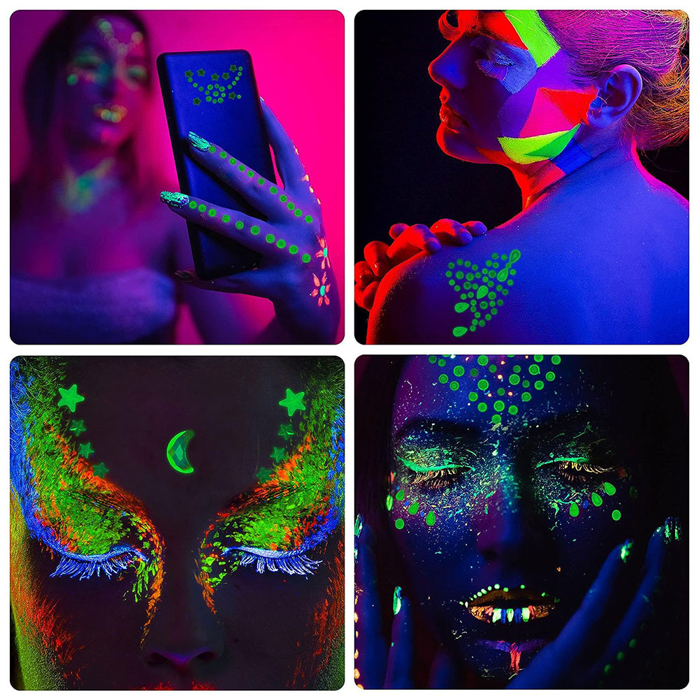 Meredmore 8Sets Glow in the Dark Face Gems Jewels Rave Noctilucent  blacklight UV Body Stickers Luminous tattoos mermaid accessories pasties  makeup for Women Halloween Festival pattern5