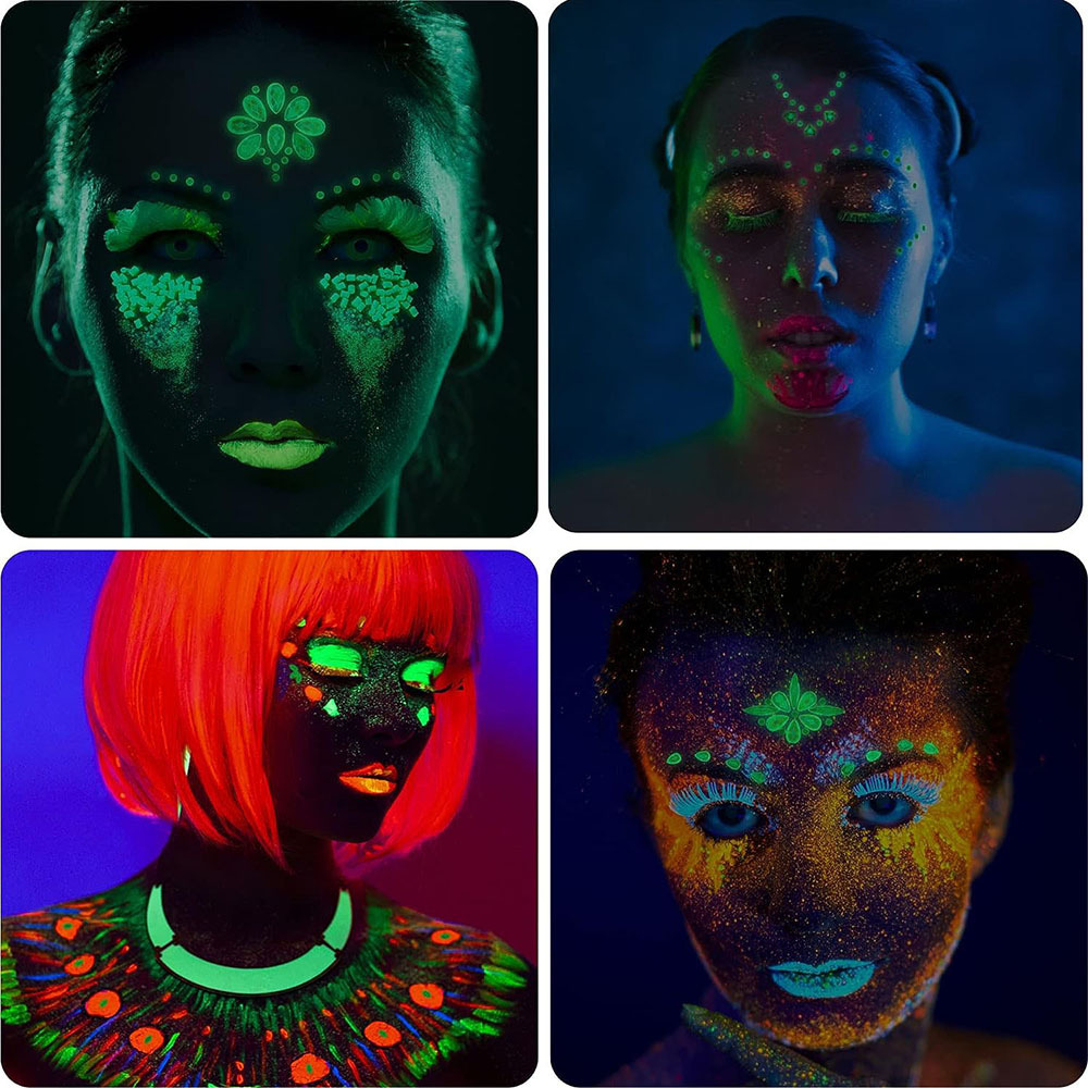 glow in the dark face gems stick on face jewels festival rave outfit  mermaid rhinestone diamond pastie fluorescent body glitter jewels halloween  face