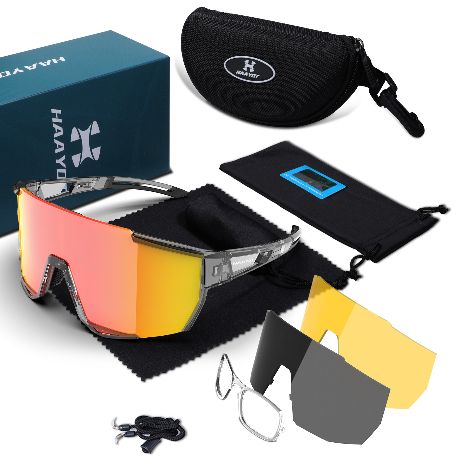 HAAYOT Polarized Cycling Glasses,Baseball Sunglasses for Men Women,Sports  Running Biking MTB Fishing Sunglasses 5 Lenses Black Frame & Blue Lens