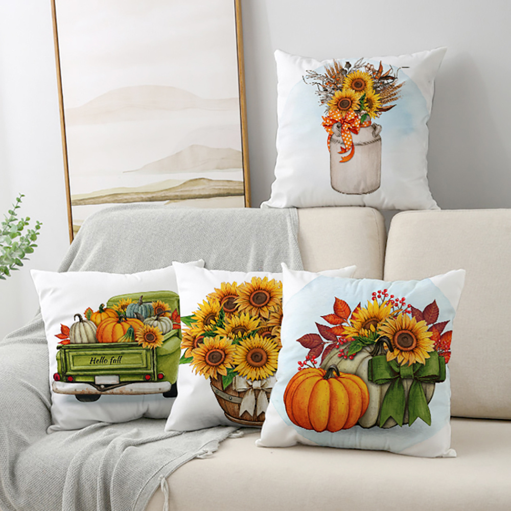 Decorx 18 inch x 18 inch Decorative Fall Pillow Covers Set of 4 Farmhouse Pumpkin Truck Sunflowers Orange Decorative Throw Pillow Cover Cushions for
