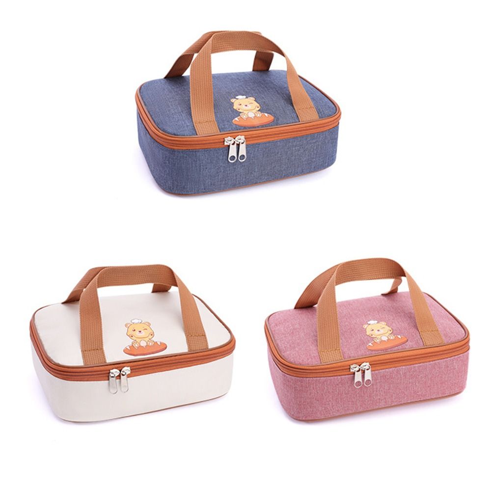 Brown Flat Lunch Bag, Oxford Cloth Cartoon Lunch Box Bag With Handles