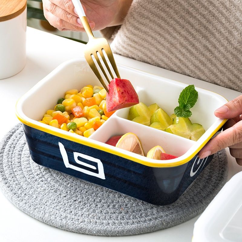 Japanese-style Ceramic Separated Lunch Box Rectangular with Lunch Box  Microwave Heating Lunch Box with Lid