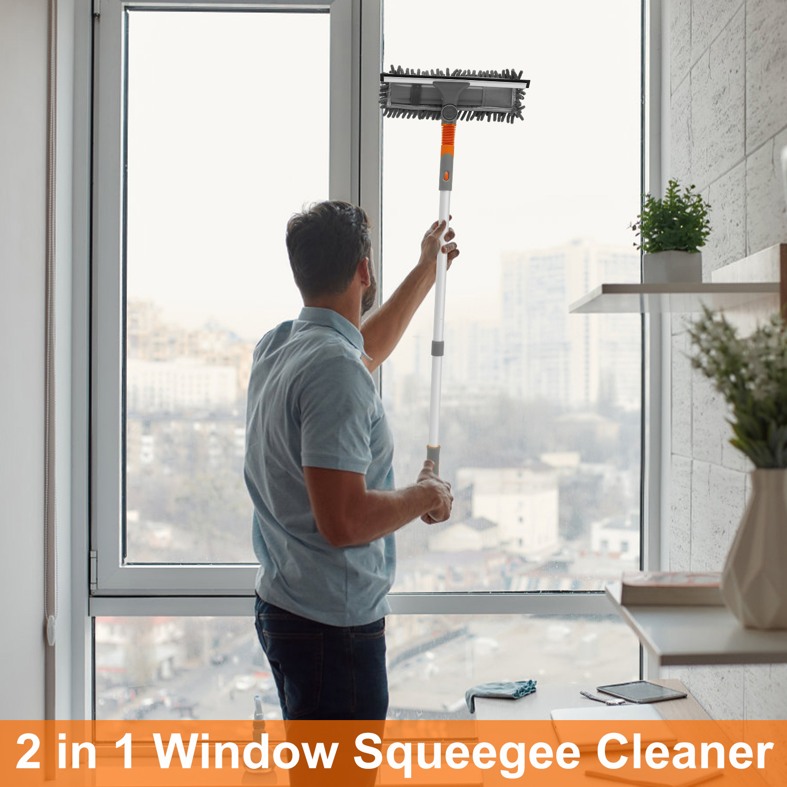 2 In 1 Window Cleaning Cloth Brush With Telescopic Rod, Squeegee