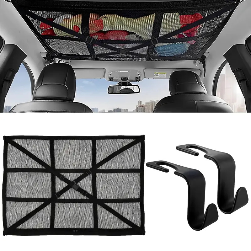 Car Ceiling Cargo Net Pocket Space Saving Auto Roof Cargo Storage Net 2  Hooks Large Capacity Car Roof Organizer Adjustable Double Layer Mesh -  Sports & Outdoors - Temu