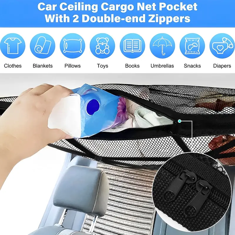 Car Ceiling Cargo Net Pocket Space Saving Auto Roof Cargo Storage Net 2  Hooks Large Capacity Car Roof Organizer Adjustable Double Layer Mesh -  Sports & Outdoors - Temu