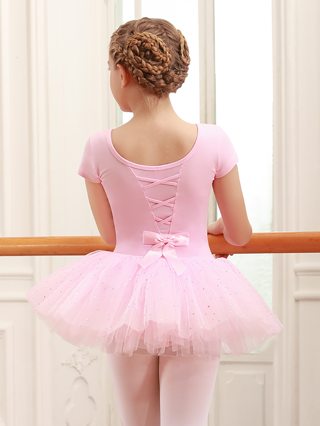 Girl's Bow Tulle Tutu Mesh Short Sleeve Ballet Dance Dress Practice  Performance Clothes Leotards