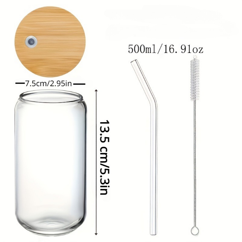 Glass Cups with Bamboo Lids and Glass Straw 6Pcs Set - Beer Can