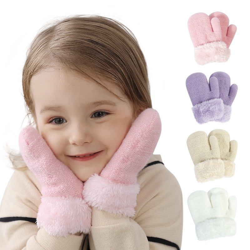 1pair Children Winter Knitting Gloves, Bowknot Bear Plush Soft Five Finger  Gloves, Boys Girls Warm Gloves