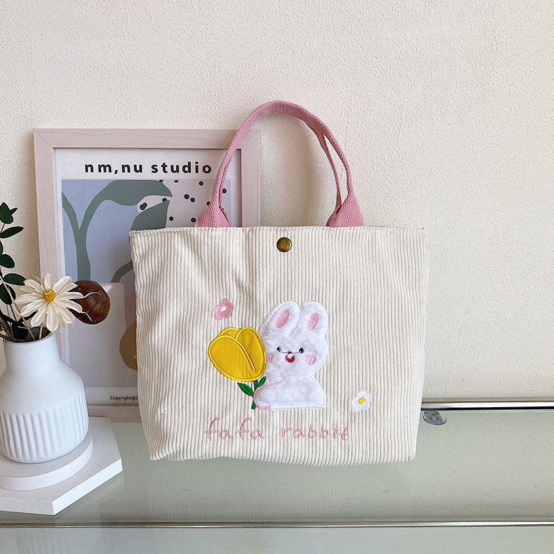Cute Corduroy Embroidery Handbag, Cartoon Lunch Box Bag, Cute Storage Bag  For Work School Travel - Temu