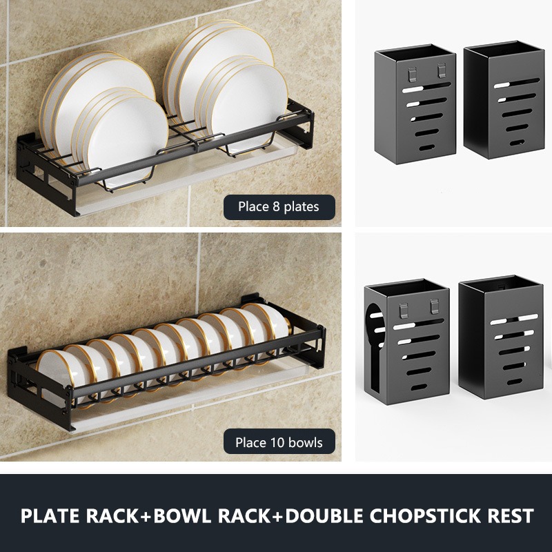 Dish Drying Rack Wall Mounted and Cooking Pot Lid/Cover Holder Set, Hanging  Stainless Steel Dish Drainer for Drying Plates Bowls Cups with Utensil