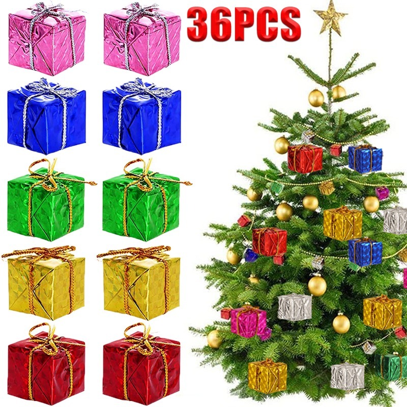 24 Pieces Christmas Tree Mini Boxes Assorted Color Foil Present Box Metallic Christmas Ornaments Assorted Handmade Hanging Decorative Boxes for
