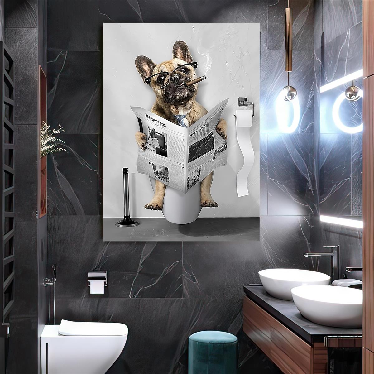 Canvas Painting, Funny Dog Bathroom Wall Art, Black And White Dog
