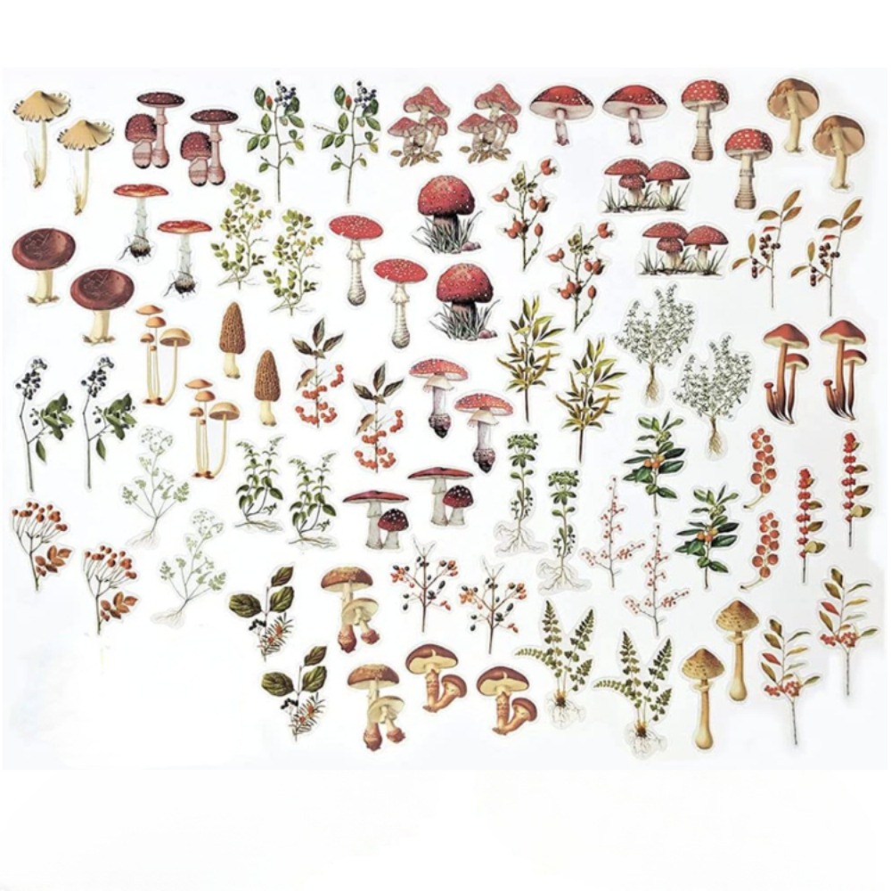 Image of Mushrooms Plant Stickers Set(80pcs) Pet Transparent Vintage Nature Stickers For Scrapbooking Planner Journaling Diy Crafts