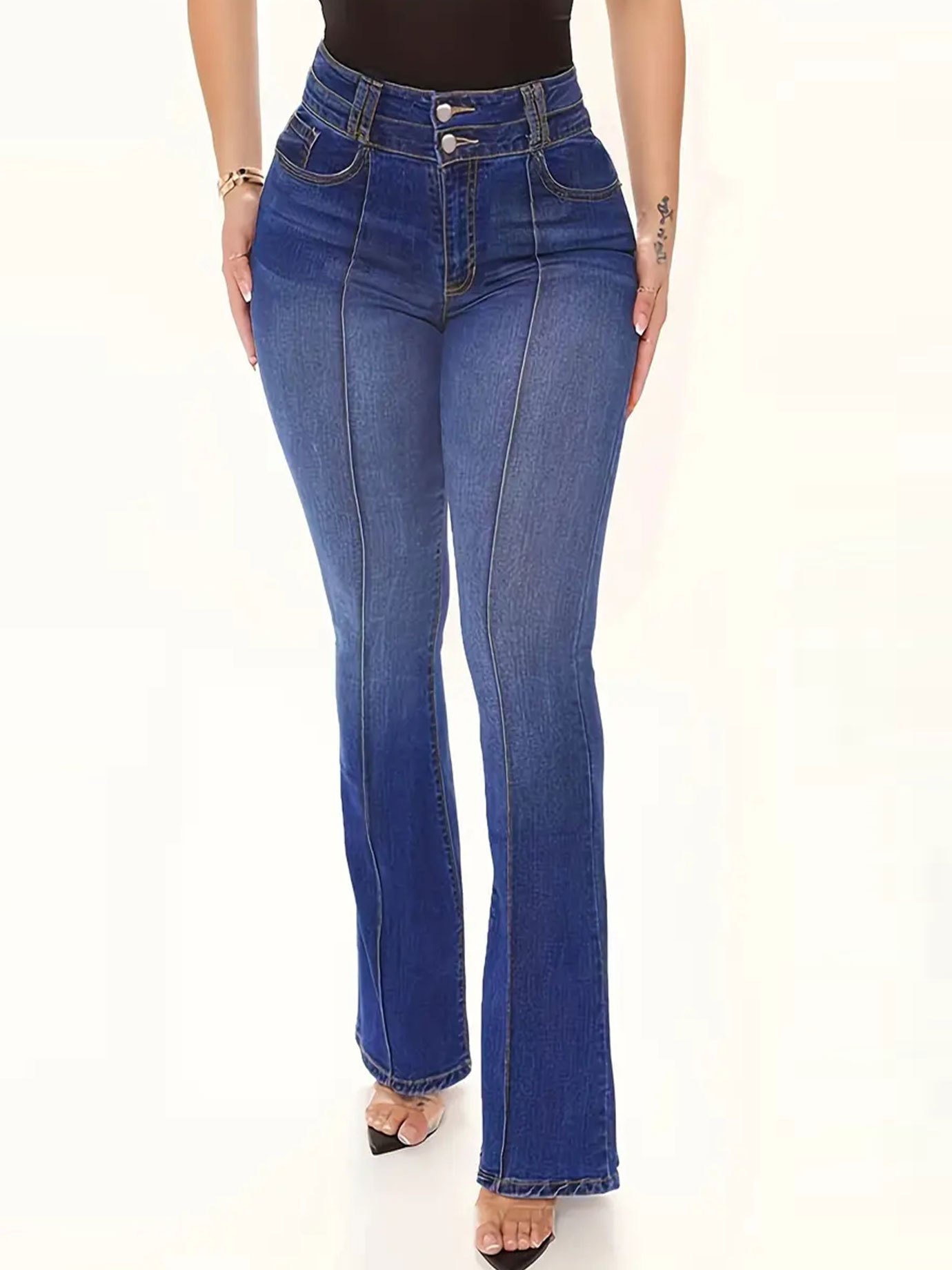 Blue High stretch Bootcut Jeans Slant Pockets Slim Fit - Temu Canada