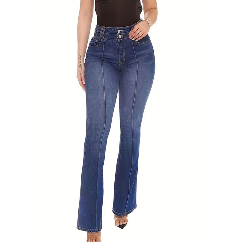 

Blue Double Button Bootcut Jeans, Slim Fit Slight Stretch Pintuck Jeans, Women's Denim Jeans & Clothing