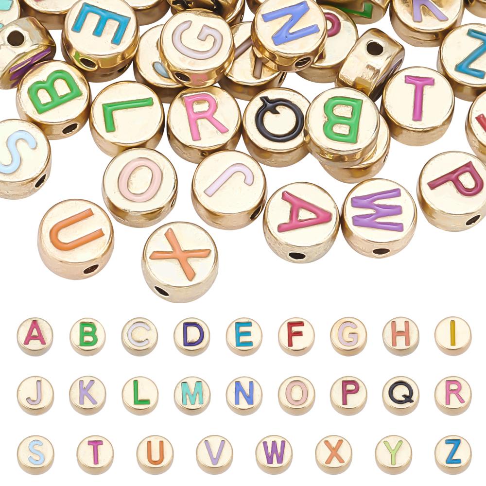 Alloy Enamel Beads, Cadmium Free & Nickel Free & Lead Free, Flat Round with  Initial Letters, Light Gold, Letter A~Z, 8x4mm, Hole: 1.5mm, 26letters