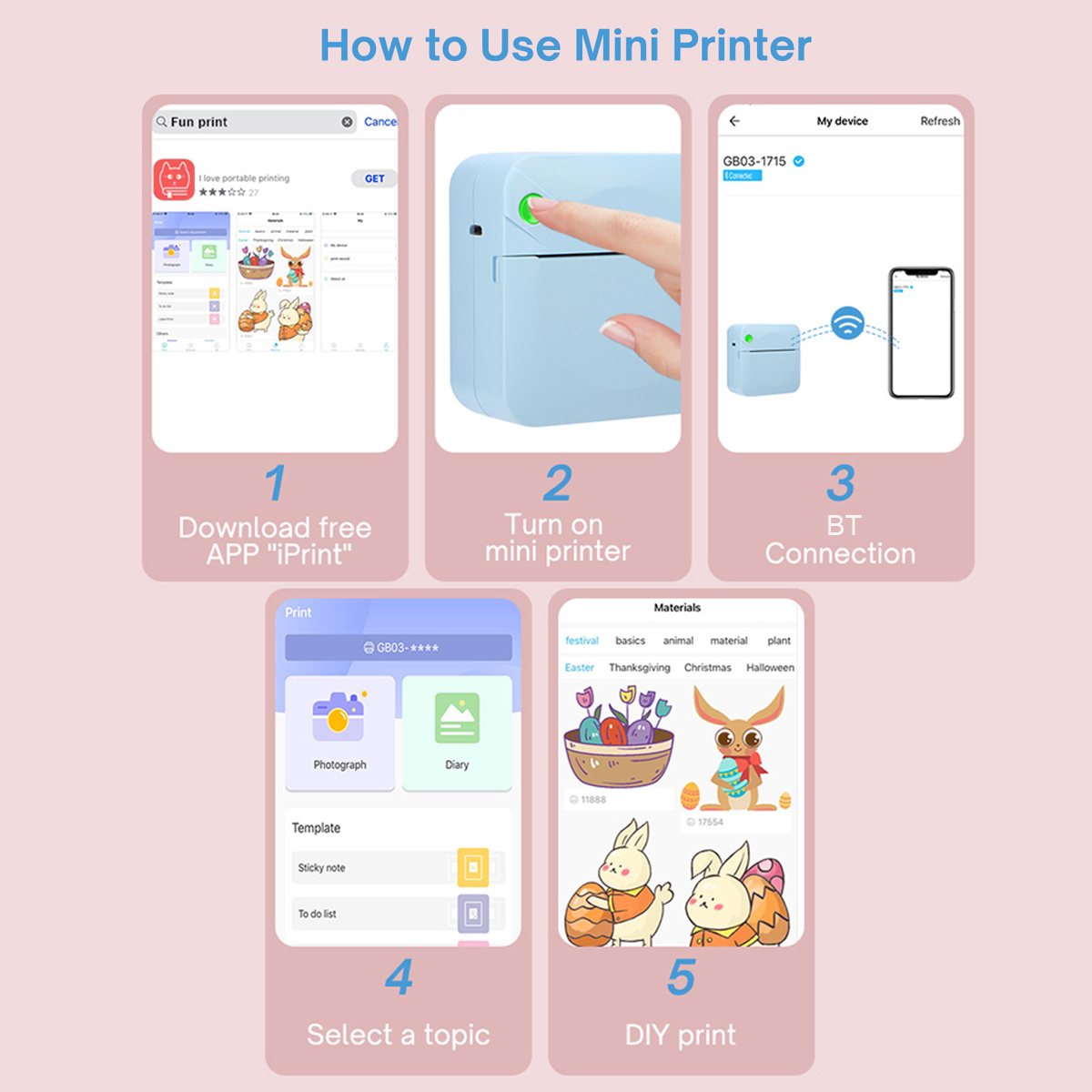 mini photo printer portable wireless bt thermal photo for ios android mobile phone inkless printing gift study label with 2rolls of paper details 2