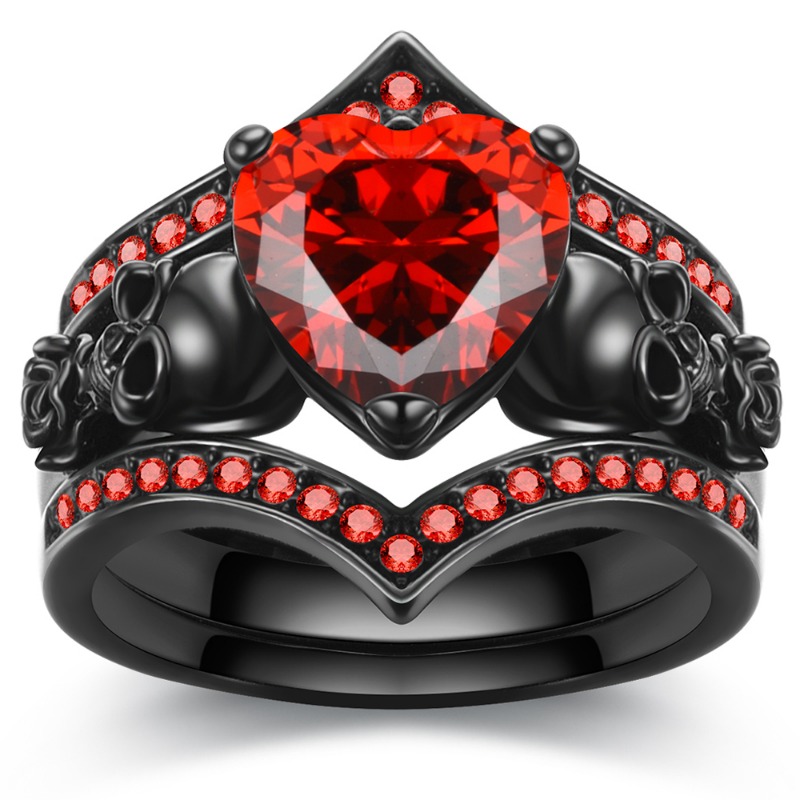 gothic black rose flower skull engagement rings set red Temu
